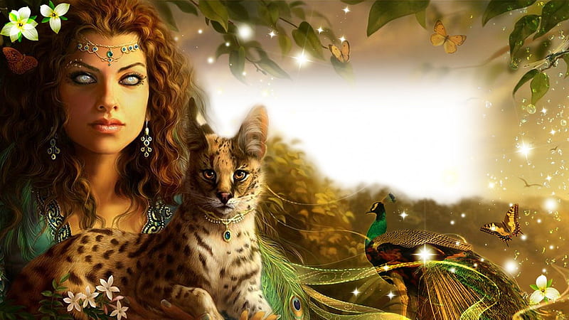 Mysterious Jungle Woman, forest, peacock, butterflies, mysterious, cat, woman, goth, hen, leaves, fantasy, jungle, flowers, Gothic, eyes, lynx, light, HD wallpaper