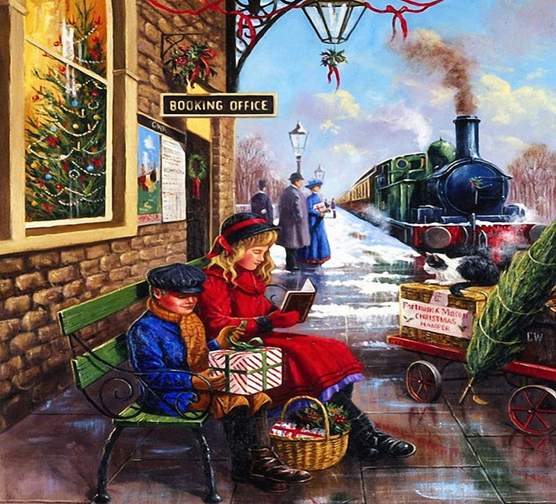 Train Station at Christmas, railroad, snow, people, waiting, steam, steamtrain, artwork, dog, HD wallpaper