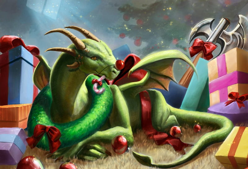 Dragon Christmas, Christmas, Dragon, Presents, Gifts, Fantasy, HD wallpaper