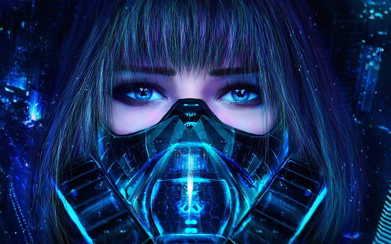 Cyberpunk Vi, art, game, woman, league of legends, fantasy, girl, mask, blue, HD wallpaper