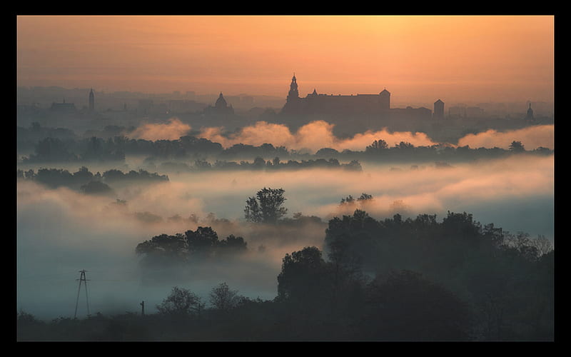 Fog over Cracow, building, cracow, poland, bonito, morning, fog, HD wallpaper