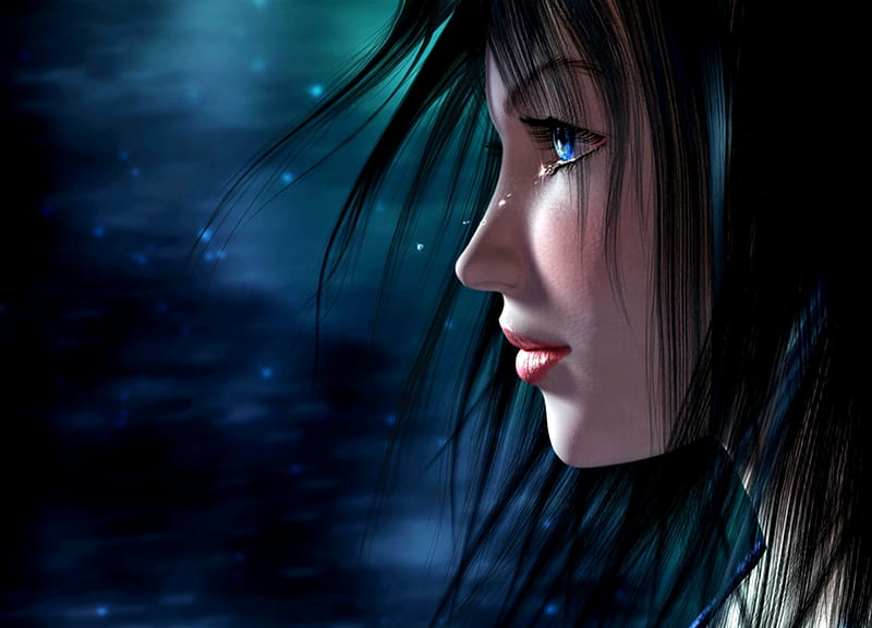 Tears, fantasy, luminos, girl, face, margarita sheshukova, blue, HD wallpaper