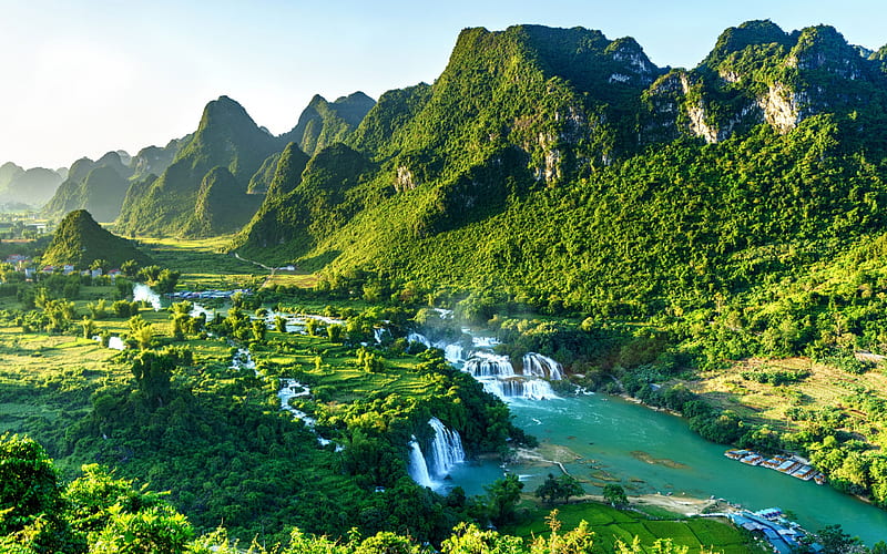 Ban Gioc Falls, Quay Son River, morning, sunrise, mountain landscape, waterfall, Vietnam, Guangxi, HD wallpaper