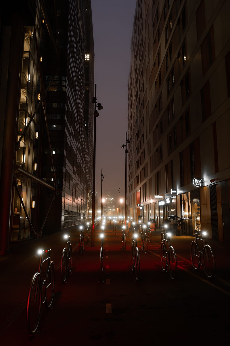bicycles, constructions, road, lights, buildings, night, HD phone wallpaper