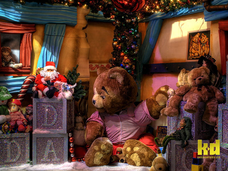 Teddy building blocks, dad, dolls, colorful, blocks, lights, cute, teddybear, stuffed, santa clause, HD wallpaper