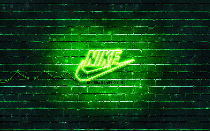 Nike green logo green brickwall, Nike logo, sports brands, Nike neon logo, Nike, HD wallpaper