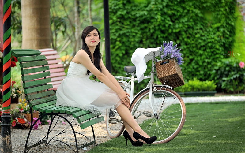 Bride, dress, model, japanese, park, woman, hat, girl, green, flower, asian, bike, shoe, stilettos, white, HD wallpaper