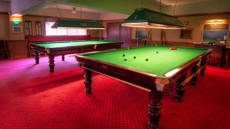 beautiful snooker tables r, red, tables, snooker, r, carpet, lights, game room, HD wallpaper