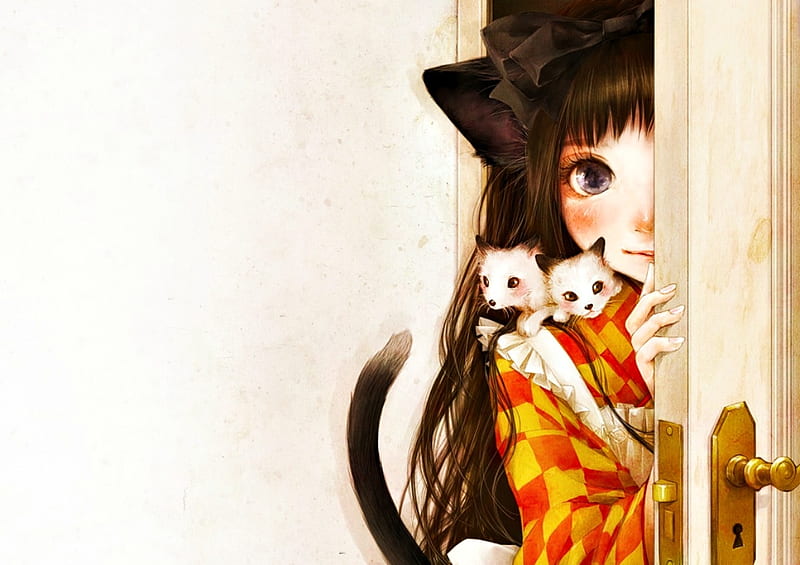 Nekko girl, art, orange, nekko, cat, door, cute, fantasy, girl, kitten, pisica, HD wallpaper