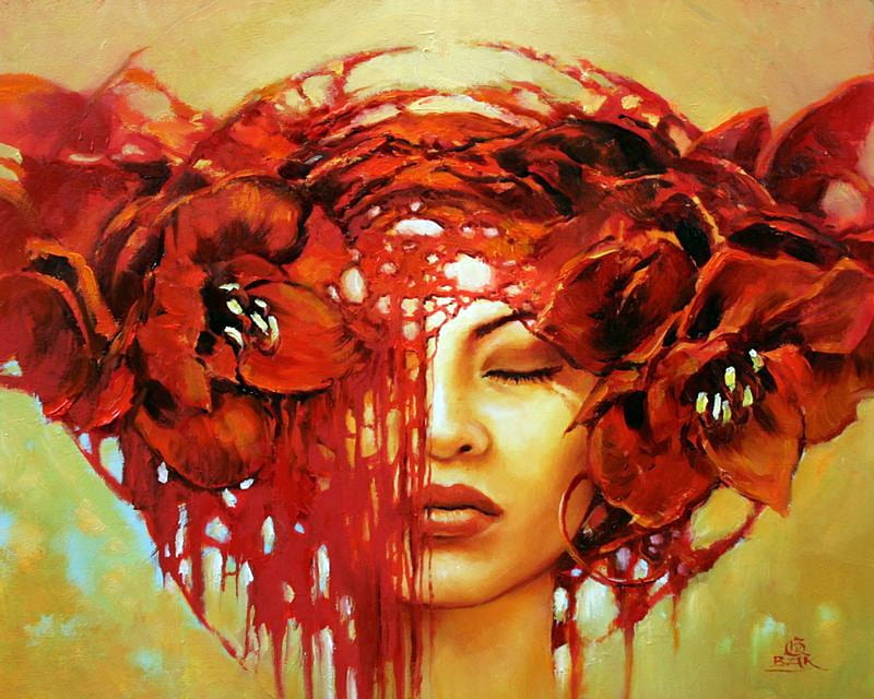 Fantasy girl by Karol Bak, karol bak, art, fantasy, girl, painting, flower, face, pictura, HD wallpaper