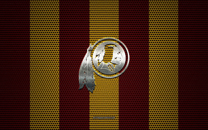 Washington Redskins logo, American football club, metal emblem, red-yellow metal mesh background, Washington Redskins, NFL, Washington, USA, american football, HD wallpaper