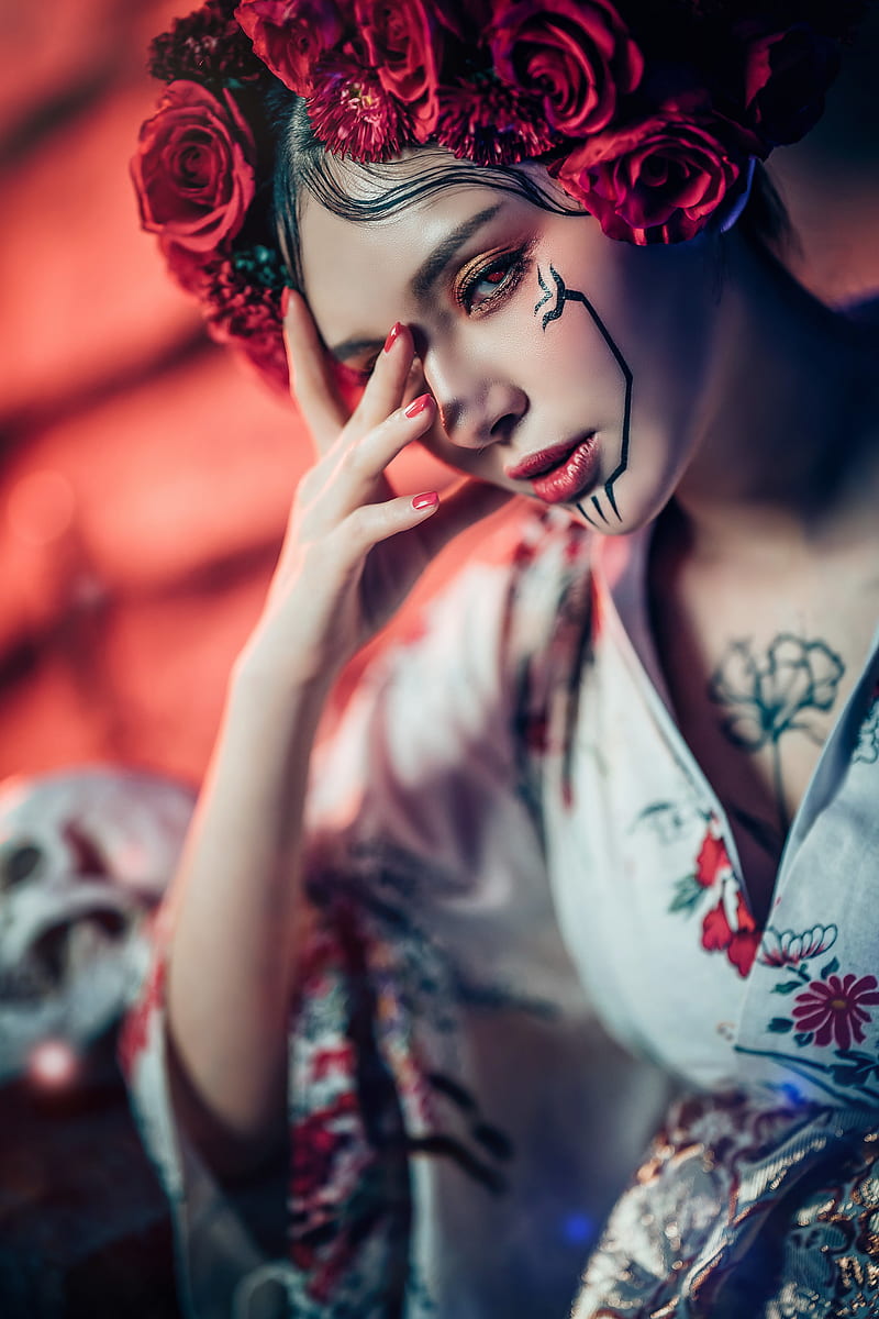 Asian, model, women, face, makeup, red eyes, looking at viewer, flower crown, painted nails, red lipstick, inked girls, Chinese model, HD phone wallpaper
