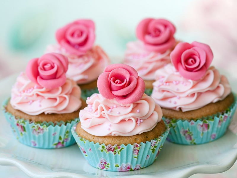 Flowers topping, cupcakes, flowers, vanilla, pink, cream, blue cup, sweet, HD wallpaper