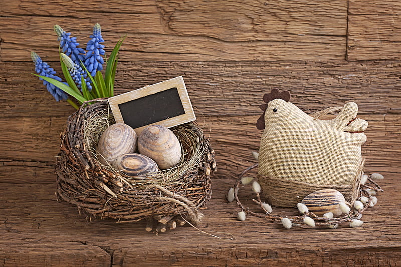 Easter greetings, Easter, holidays, decoration, basket, eggs, flowers, blossoms, vintage, HD wallpaper
