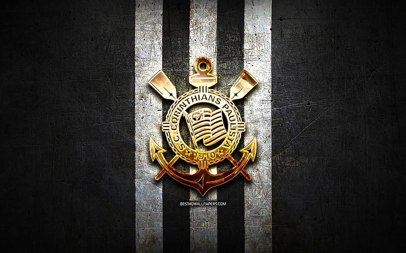 Corinthians FC, golden logo, Serie A, black metal background, football, SC Corinthians Paulista, brazilian football club, Corinthians FC logo, soccer, Brazil, HD wallpaper