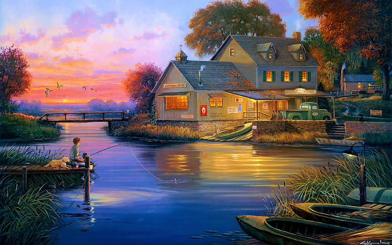 Village Night, Lakeside, Boats, Boy, Fishing, House, HD wallpaper