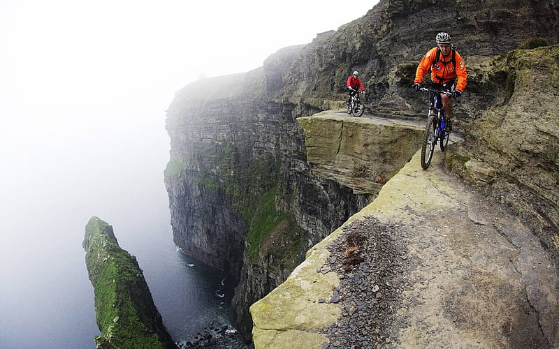 mountain bike, extreme, rocks, cyclists, sea, HD wallpaper