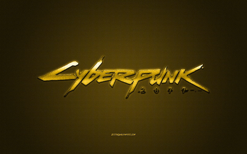 Cyberpunk 2077, popular game, Cyberpunk 2077 gold logo, gold carbon fiber background, Cyberpunk 2077 logo, Cyberpunk 2077 emblem, HD wallpaper