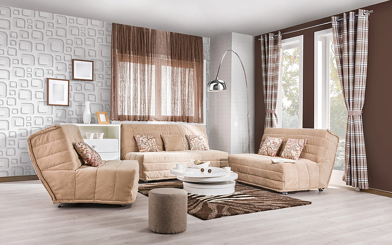 brown living room brown-white interior, modern design, white walls, brown sofas, stylish coffee table, HD wallpaper