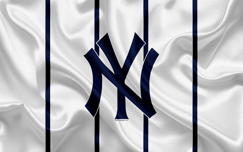 New York Yankees logo, silk texture, american baseball club, white blue flag, emblem, MLB, New York, USA, Major League Baseball, HD wallpaper