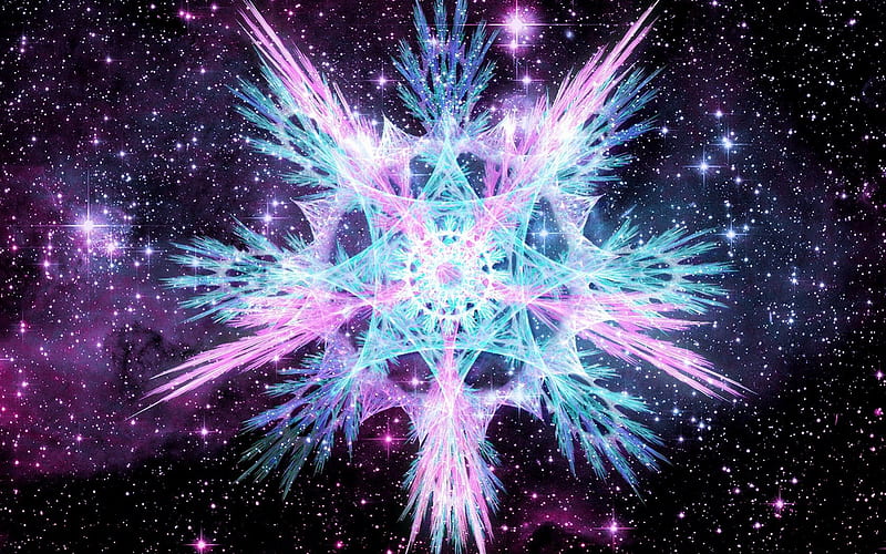 Pink And Light Blue SnowFlake, glow, glowing, space, abstract, snowflake, light blue, ice, neon, crystal, pink, blue, HD wallpaper