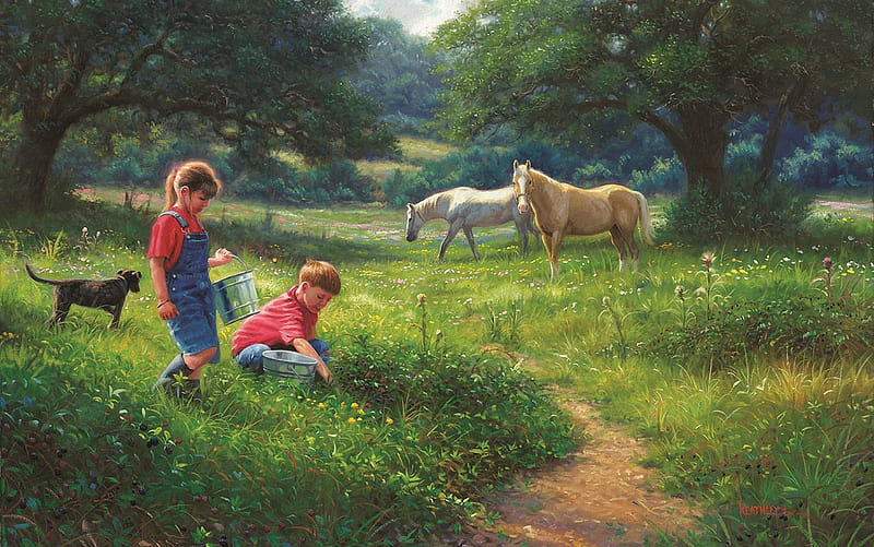 Berry Pickin', dog, horses, buckets, painting, children, trees, artwork, HD wallpaper