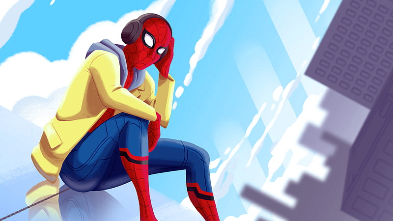 Spiderman Listening To Music, spiderman, superheroes, artwork, digital-art, HD wallpaper
