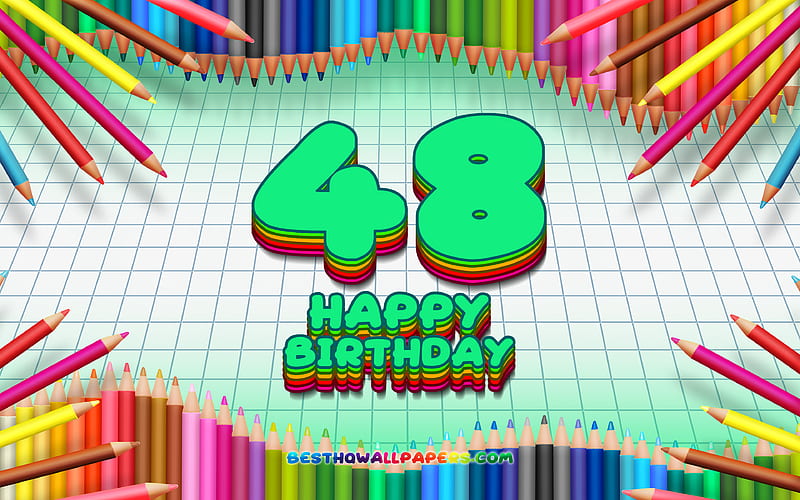 Happy 48th birtay, colorful pencils frame, Birtay Party, turquoise checkered background, Happy 48 Years Birtay, creative, 48th Birtay, Birtay concept, 48th Birtay Party, HD wallpaper