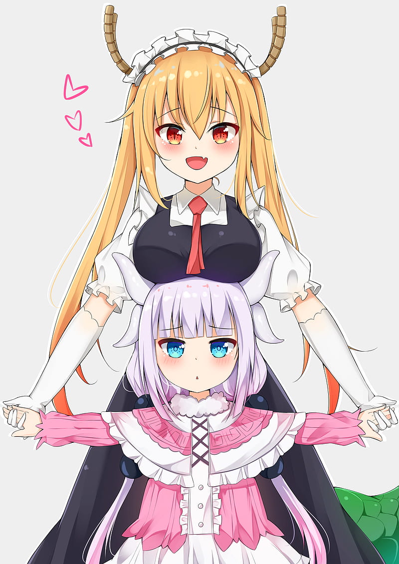 anime, anime girls, Kobayashi-san Chi no Maid Dragon, Tohru (Kobayashi-san Chi no Maid Dragon), Kanna Kamui (Kobayashi-san Chi no Maid Dragon), dragon girl, horns, long hair, twintails, blonde, blond hair, white background, maid, maid outfit, maiden, red tie, tail, orange eyes, blue eyes, pink hair, YiDsv, HD phone wallpaper
