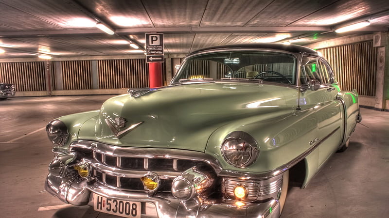 classic cadillac in an underground parking lot r, parking, car, undergound, r, lights, vintage, HD wallpaper