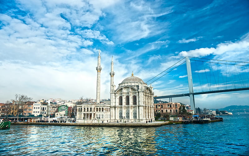 Ortakoy Mosque, turkish landmarks, Neo-Baroque, Bosborus Bridge, Istanbul, Turkey, HD wallpaper