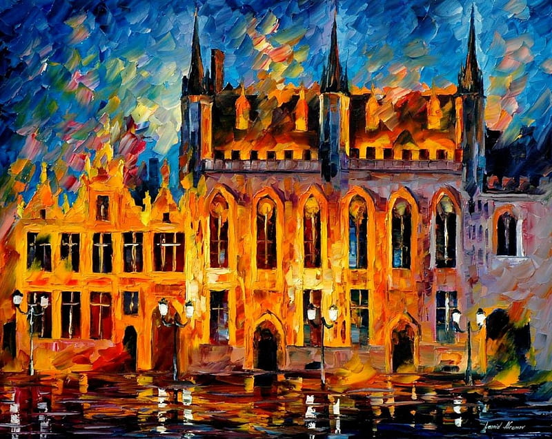 Waterfront Street, architecture, dynamic, house, stunning, orange, bonito, painting, alive, street, night, art, colors, vibrancy, Afremov, Belgium, awesome, Bruges, HD wallpaper