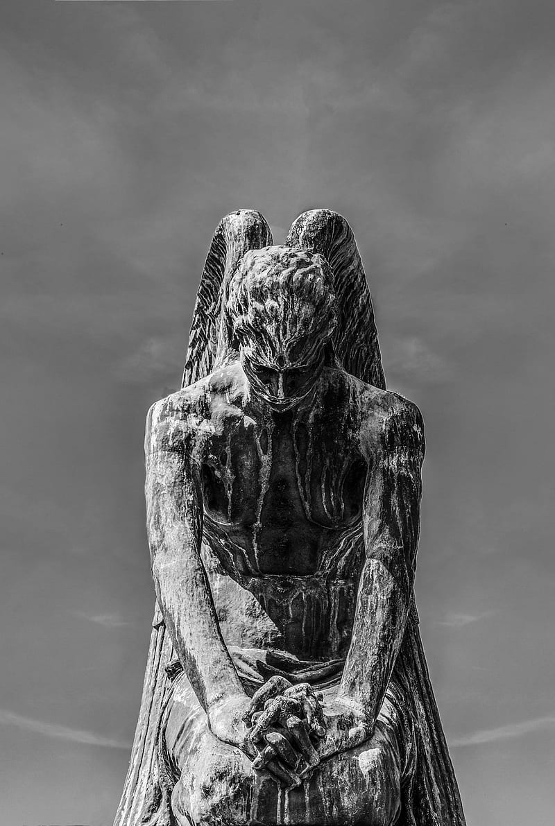 Angel of death, black and white, statue, toomb, HD phone wallpaper