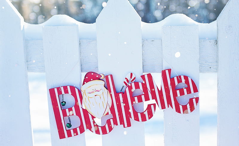 Merry Christmas!, red, fence, craciun, christmas, believe, word, winter, card, santa, white, HD wallpaper