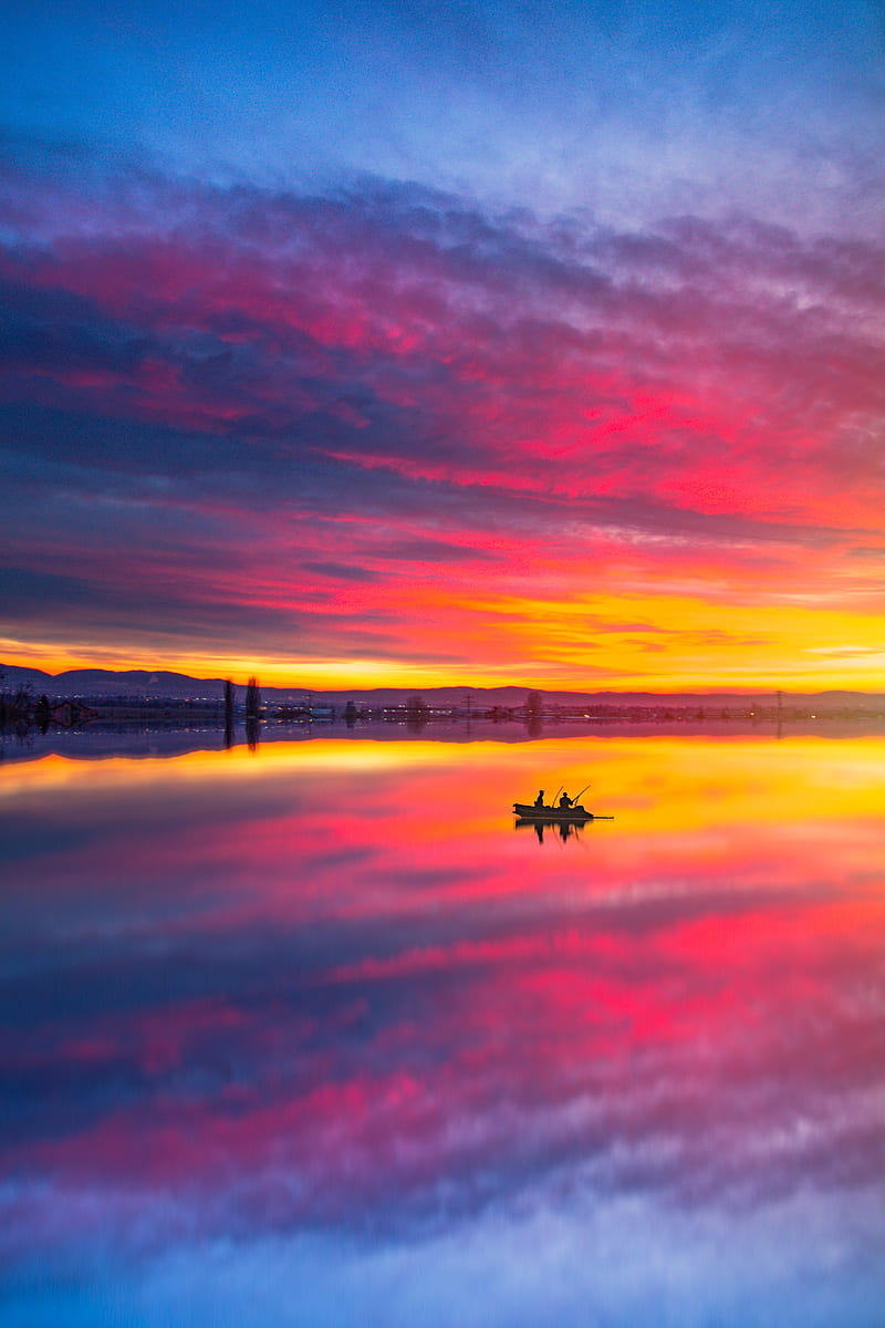lake, boat, sunset, reflection, landscape, HD phone wallpaper