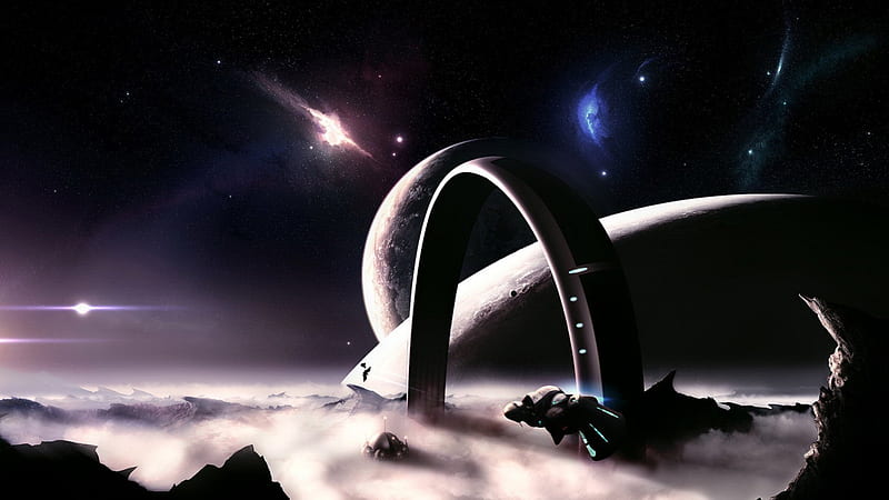 Monument, ships, stars, planets, moons, space stations, galaxies, HD wallpaper