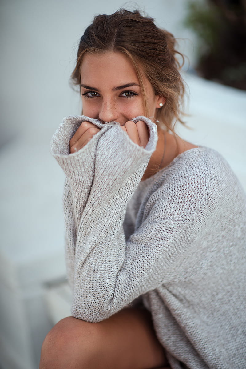 women, model, , sweater, brunette, looking at viewer, vertical, freckles, covering face, covered face, pearl earrings, grey sweater, Emily Feld, HD phone wallpaper
