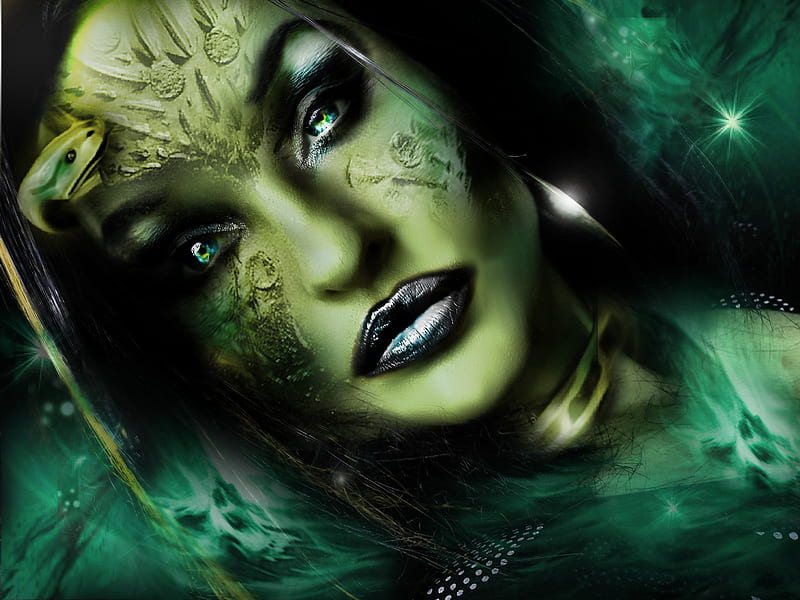 snake queen magic, cg, shine, magic, fog, turquoise, fantasy, gothic, green, surreal, star, light, blue, amazing, superior, female, possessed, starrayne, woman face, lips, ugly, weird, ghosts, bite, crazy, misty, eyes, snakes, HD wallpaper