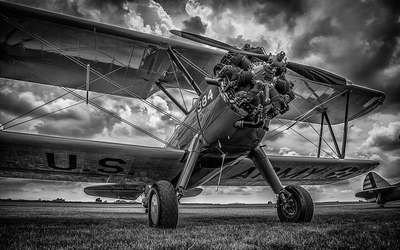 old military biplane in BW r, plane, military, r, prop, old, BW, HD wallpaper