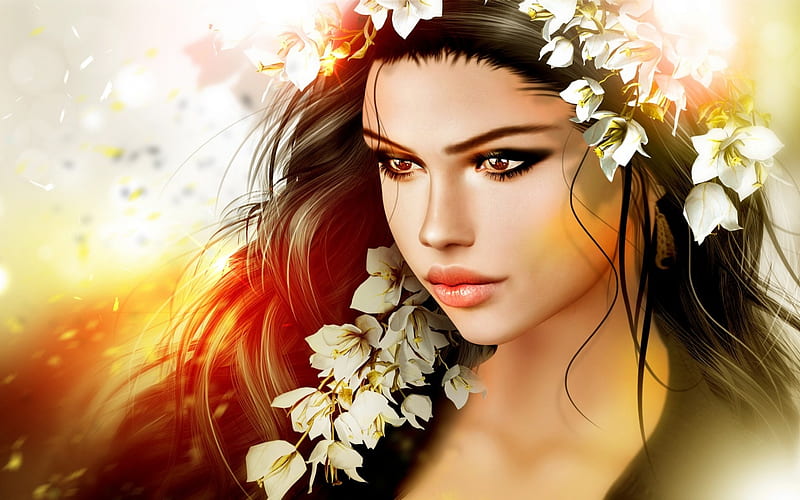 Woman, Girl, Wreath, Painting, Flowers, HD wallpaper