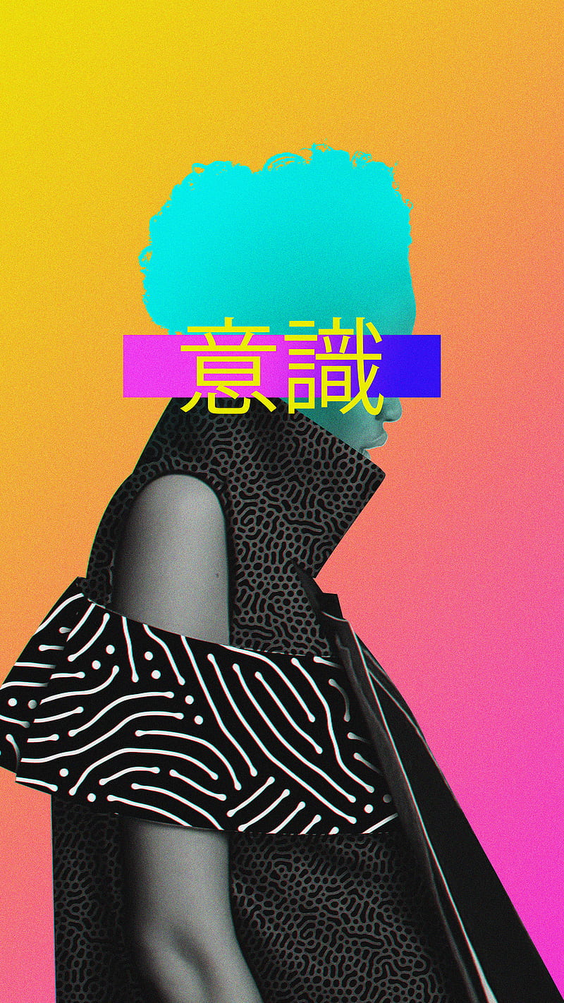 Conscience, Dorian, aesthetic, black, cloth, clouds, colorful, japan, pattern, surreal, typo, vaporwave, woman, HD phone wallpaper