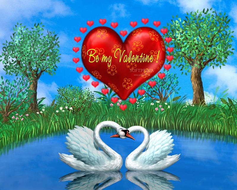 valentine__, water, trees, swans, heart, HD wallpaper