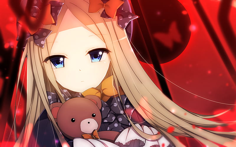 Abigail Williams, teddy bear, Foreigner, Fate Grand Order, toy, blue eyes, TYPE-MOON, artwork, Fate Series, HD wallpaper
