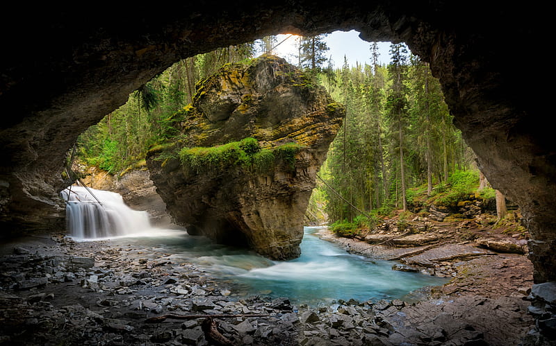 Cave with a View, forest, waterfall, nature, cave, HD wallpaper