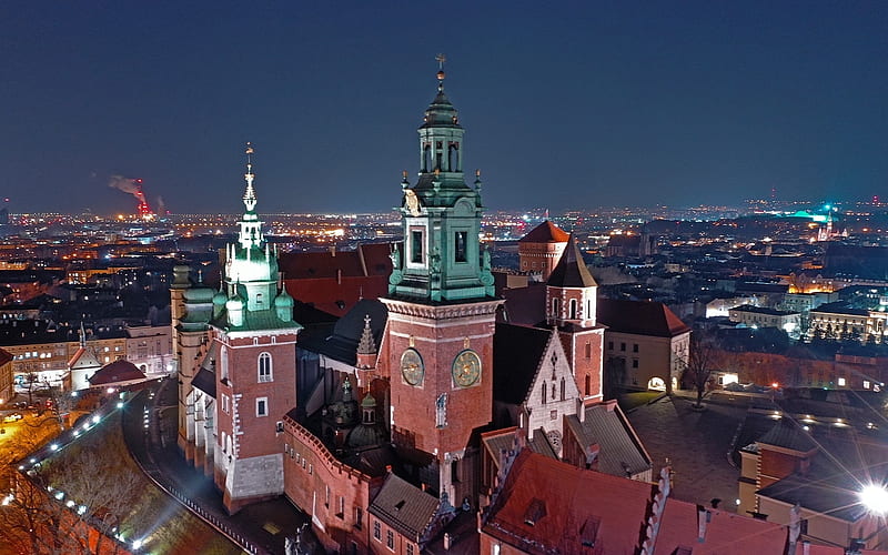Krakow, Poland, Poland, Krakow, night, Wawel castle, aerial, HD wallpaper