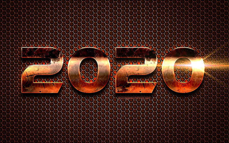 Happy New Year 2020, Bronze 2020 background, 2020 metal background, 2020 concepts, metal mesh texture, 2020 New Year, bronze background, HD wallpaper