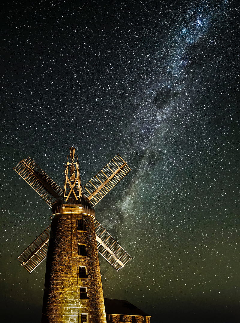 windmill, tower, building, night, starry sky, stars, HD phone wallpaper
