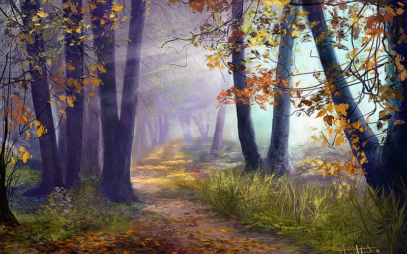 Early Autumn, grass, painting, nature, forests, trees, fog, mood, mist, HD wallpaper