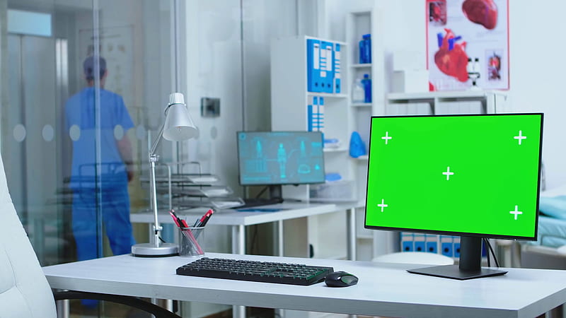Monitor With Green Screen In Hospital While Male Assistant Waiting Elevator. Computer With Blank Space Available On Medicine Specialist In Clinic Cabinet. Stock Video Footage 00:16 SBV 338602660 Storyblocks, HD wallpaper