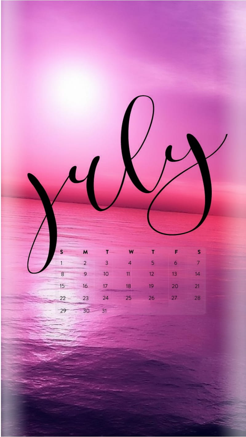 July calendar 2018, 2018, calendar, july, love, pink, summer, sunset, water, HD phone wallpaper